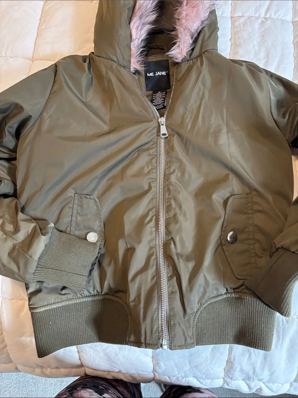 Me Jane Olive Green Hooded Puffer Jacket with Pink Fur Trim